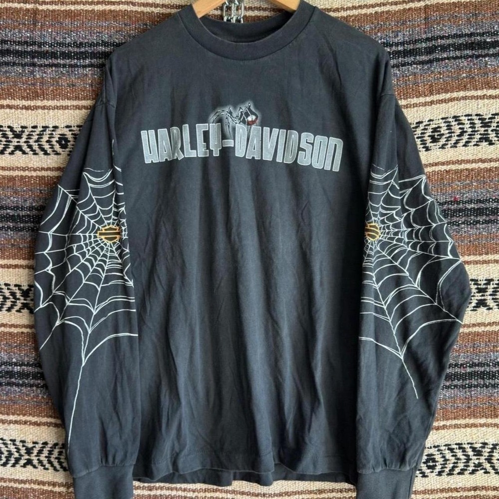 Harley Davidson Chicago Spider Web Shirt Mens Large Black Long Sleeve Reprint